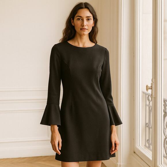 Trina Turk Bell Sleeve Crew Neck Mini Dress Black 8 - Picture 1 of 9